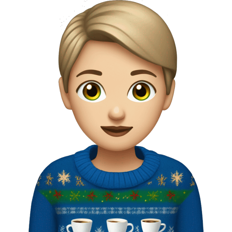 Light brown short haired girl with green eyes drinking coffee wearing blue Christmas sweater emoji