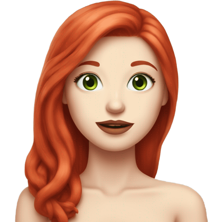 straight long Tomato red hair,red lipstick red,very blue-green eyes, white skin and a small nose emoji