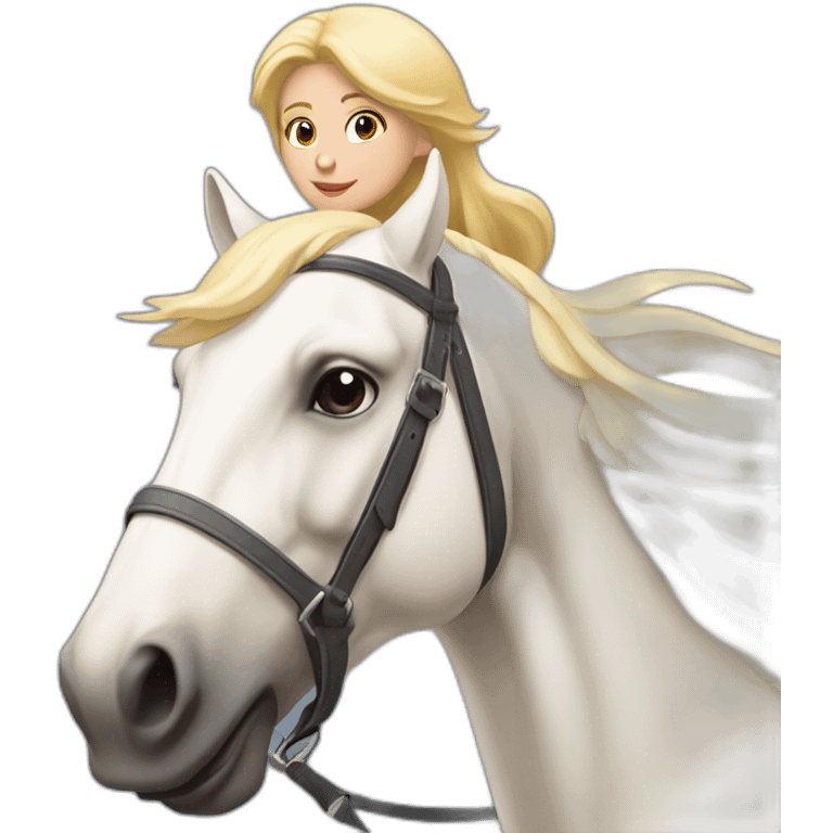 Une fille blonde sur le dos d’un cheval blanc avec des ailes emoji