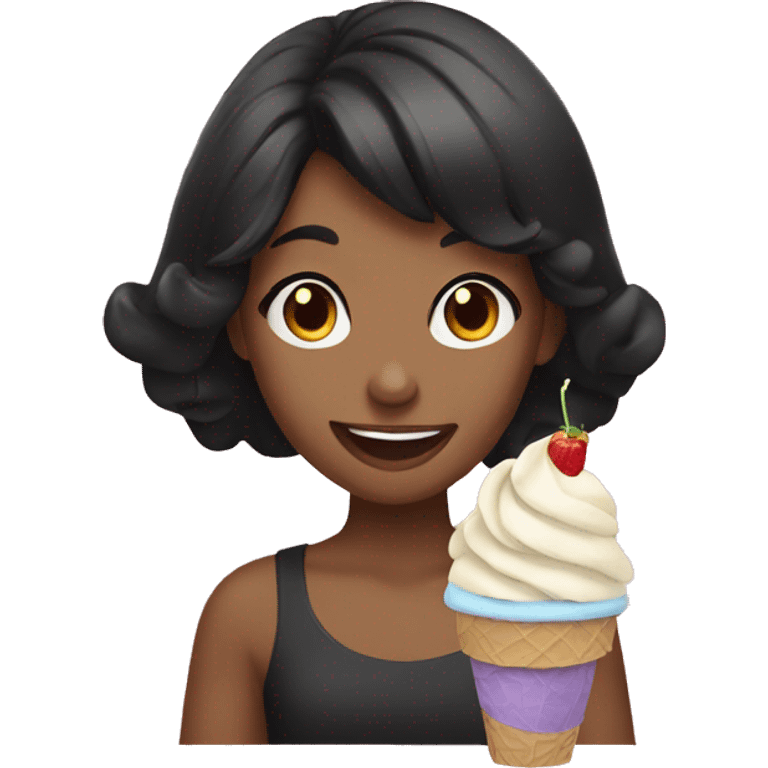 smiling girl with black hair eating ICE cream emoji