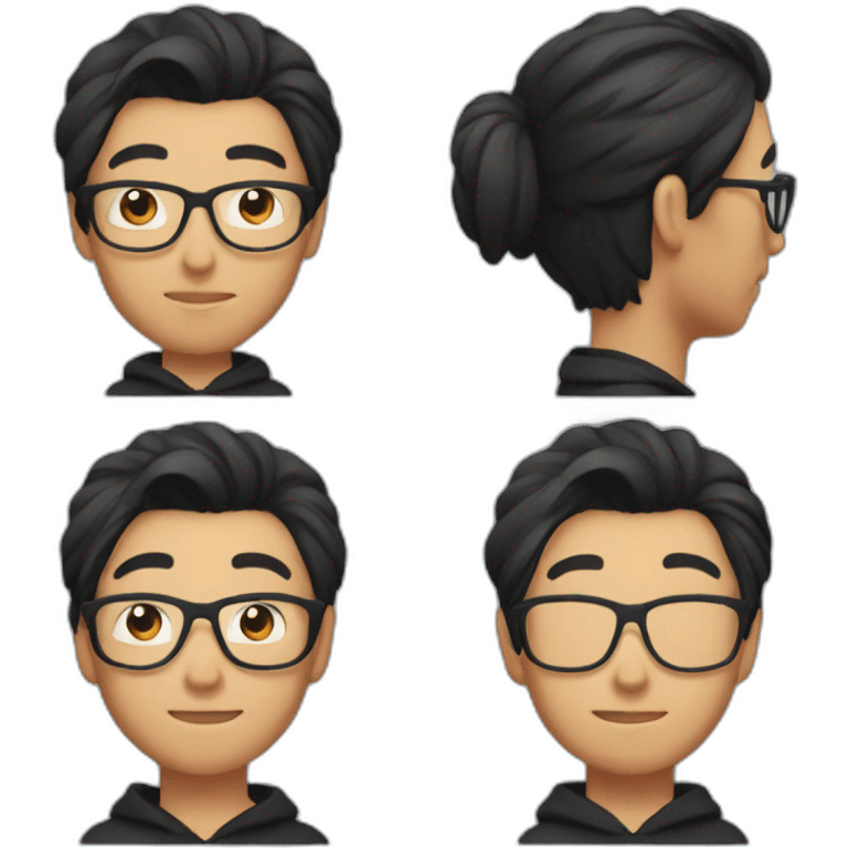 asian male with glasses wearing black hoodie with man bun emoji