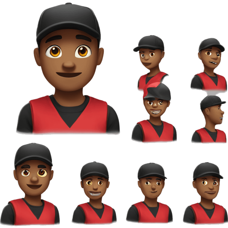 Create various emojis of a boy with a vans cap, black and red sleeveless polo. with different expressions for twitch. emoji