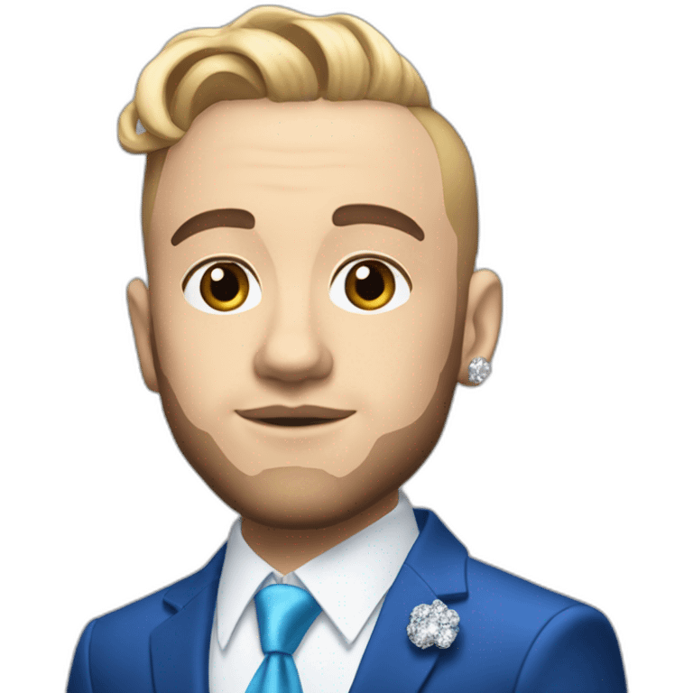 mac miller with a blonde comb over skin fade wearing a blue suit with a diamond chain emoji