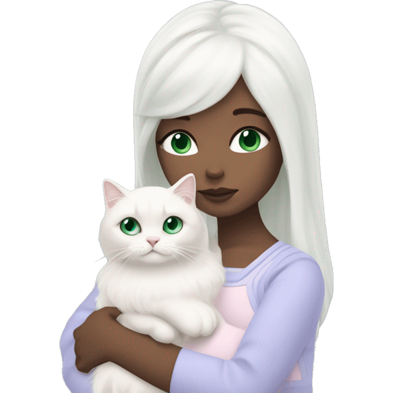 girl with very long black hair and green eyes and light pink outfit hugging a white scottish fold long hair blue eyes cat  emoji