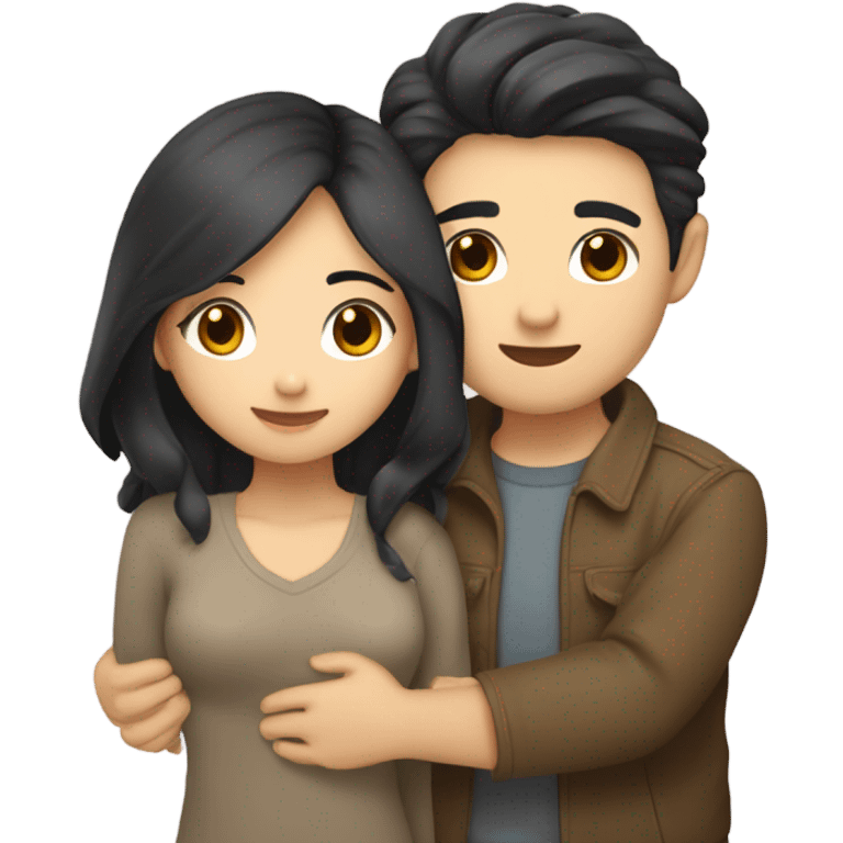 A cute Asian couple hugging each other very tight. The girl has long dark wavy hair and pale skin and dark hazel eyes, the Man has short dark straight hair and bright amber eyes and is pale emoji