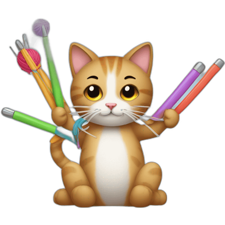 cat holding up crochet hooks surrounded by balls of yarn emoji