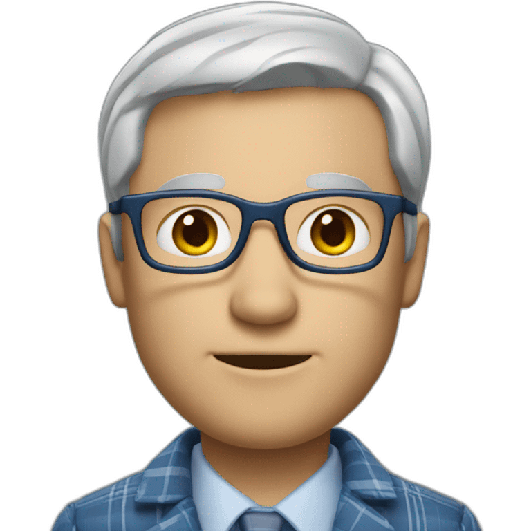 White man, short grey hair with no part, glasses, plaid business shirt, plain blue sports coat. emoji