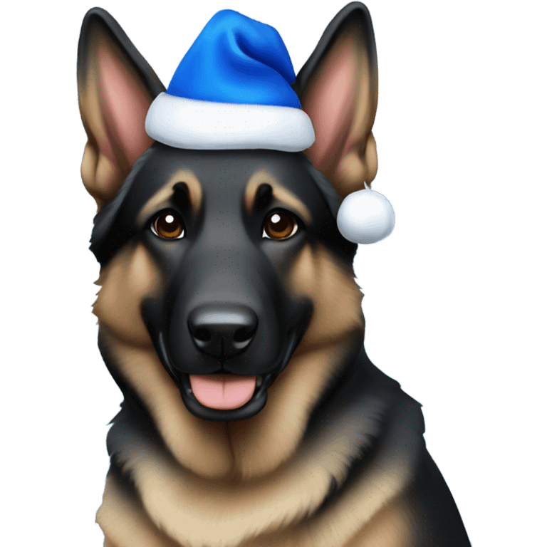 All black German shepherd with blue Santa hat emoji