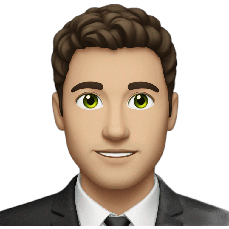 A 25-year-old man with green eyes In a black classic suit and dark brown hair, Oval, triangular face shape emoji