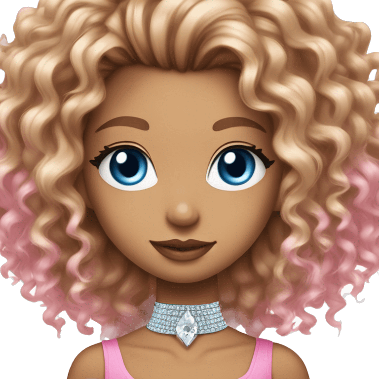 Girl with long curly hair, blue eyes with cateye eyeliner, bronde highlights, parted in the middle, wearing diamond choker, pink sparkly tube top, winking emoji