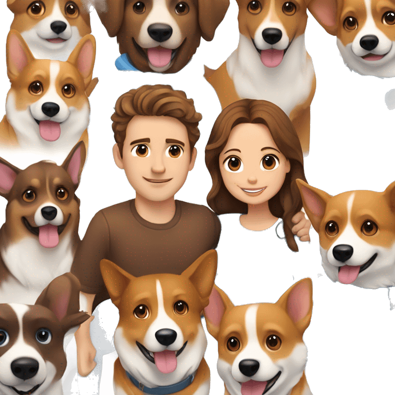 A girl with long brown hair and brown eyes, a guy with brown, slightly curly hair and blue eyes are hugging and a corgi dog between them emoji