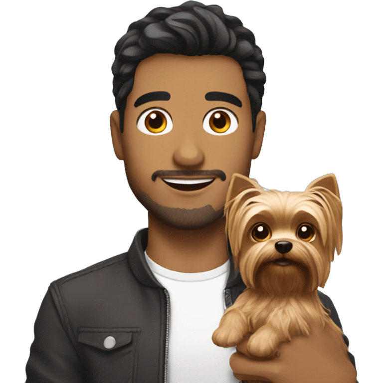 A guy with dark hair holding a cute yorkshire terrier emoji