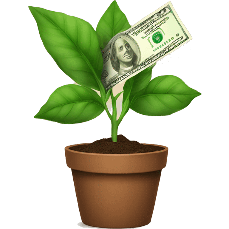 a plant in a brown pot growing dollar bills as the tree emoji