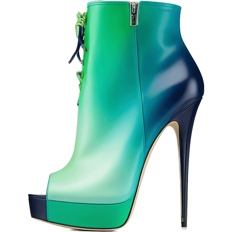 Realistic isolated top front view of a pair of emerald green,sky blue,mint green,lime green and navy blue ombre Jimmy Choo peep toe stiletto ankle booties. emoji