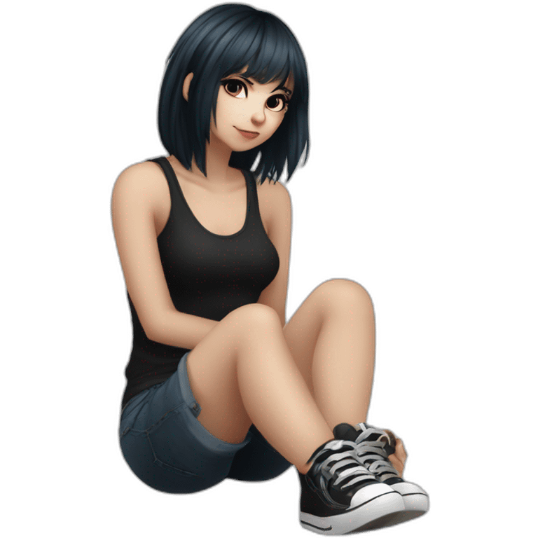 Full body curvy emo girl sits on the floor черная юбка белые трусики рваные полосатые чулки emoji