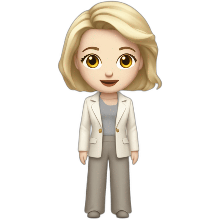 pale skin woman with ash blonde Straightened bob Hair, White Spacious classical jacket, beige palazzo Arrow pants and gray blouse holding a MacBook in the hands emoji