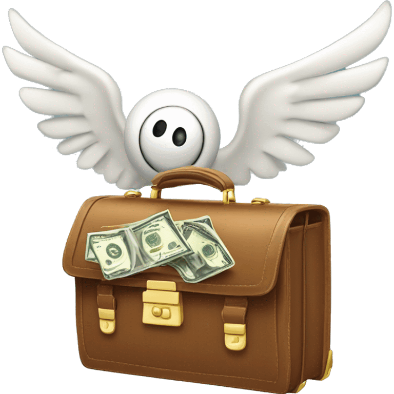 A playful winged briefcase with cartoon eyes, gliding upwards with dynamic motion lines, trailing glittering dollar signs emoji