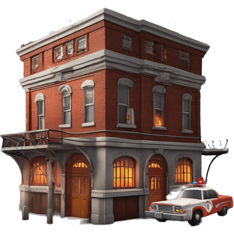 Very old dilapidated Firehouse building shaped like the Ghost Busters Firehouse with solar lights and decorative and detailed interior design with police barricades and police barriers around it  emoji