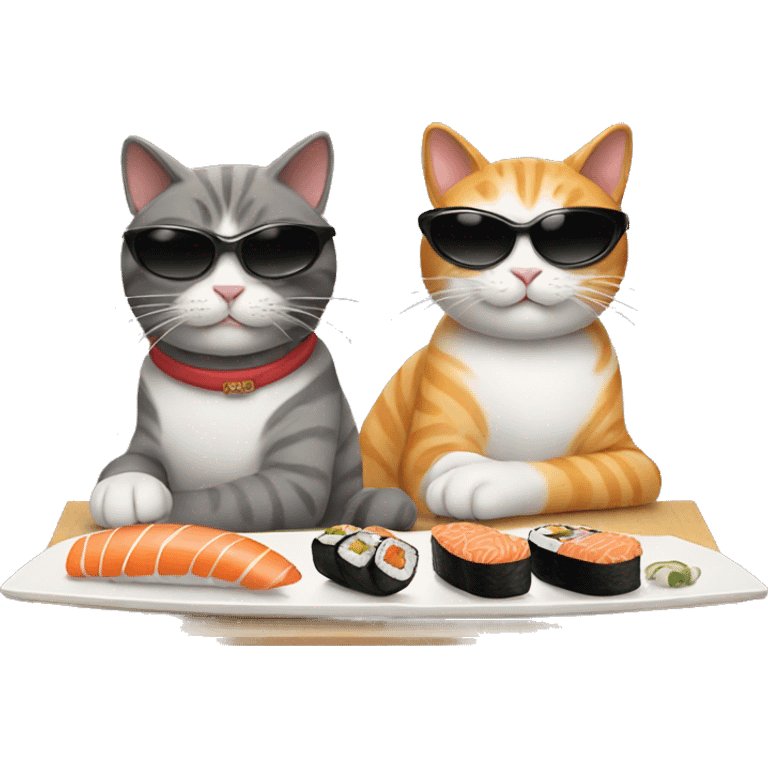 two cats wearing sunglasses eating sushi emoji