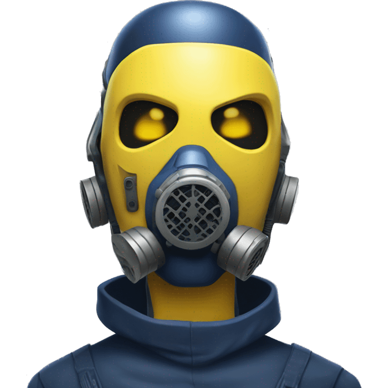 Navy blue skin cyborg head with yellow respirator mask emoji