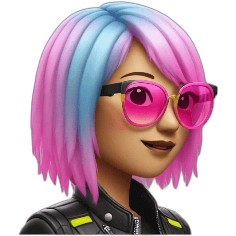 A Japanese woman with Pink hair wearing sunglases with Neon highlights and is also waering a leather jacket emoji