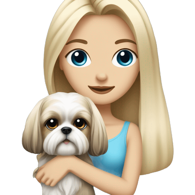 White blond girl with long hair and blue eyes holdin a small female shih tzu dog emoji