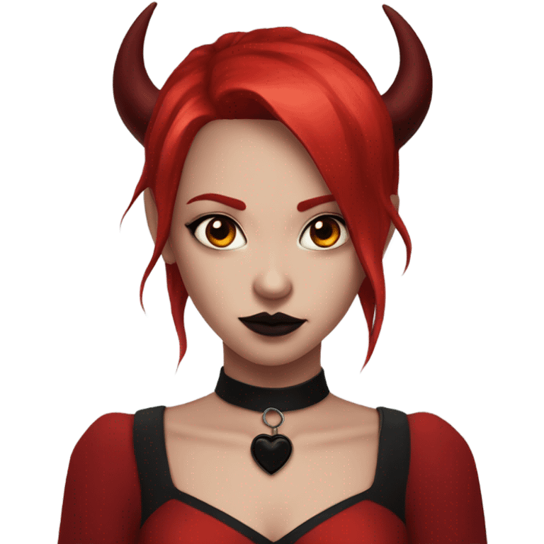 hime goth girl, devil horns, red hair, red dress, black eyes emoji