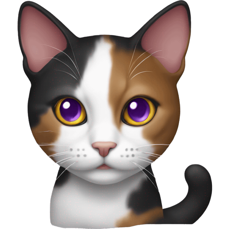 The cat is a calico cat with purple eyes, the color is dark brown, red and white emoji