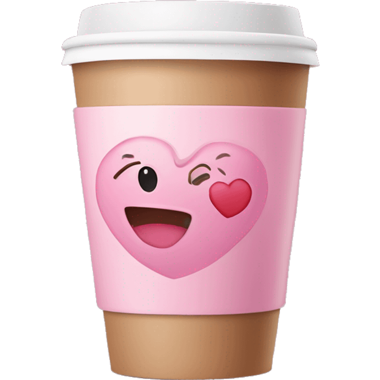 Pink disposable coffee cup with the word coffee on it and a heart emoji