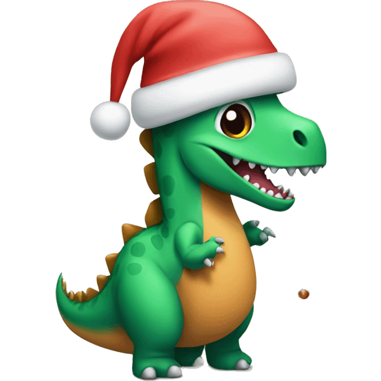 Dinosaur with a Christmas hat next to a Christmas tree emoji