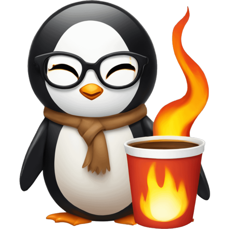 Illustrate a calm penguin with prescription glasses, holding a coffee cup, surrounded by flames. The cat has a relaxed expression with closed eyes, unfazed by the fire. emoji