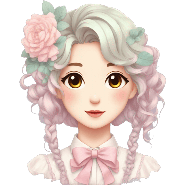 Gorgeous pastel anime style lady with blushing face and flowers and laces and bow ties and pretty hair aesthetic trending style emoji