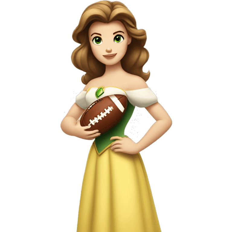 White Disney princess Belle with green eyes holding a football that has a #1 on it emoji