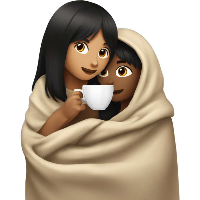 TAN SKIN GIRL with BLACK HAIR and BANGS AND BROWN SKIN BOY with BLACK SHORT HAIR inside a blanket sipping coffee emoji