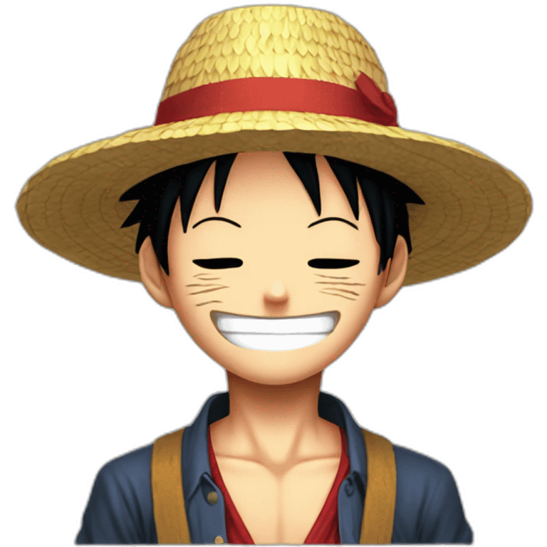 Luffy with his straw hat and his scar at the bottom of the right eye smiling with closed eyes in the Eiichirō Oda’s style emoji