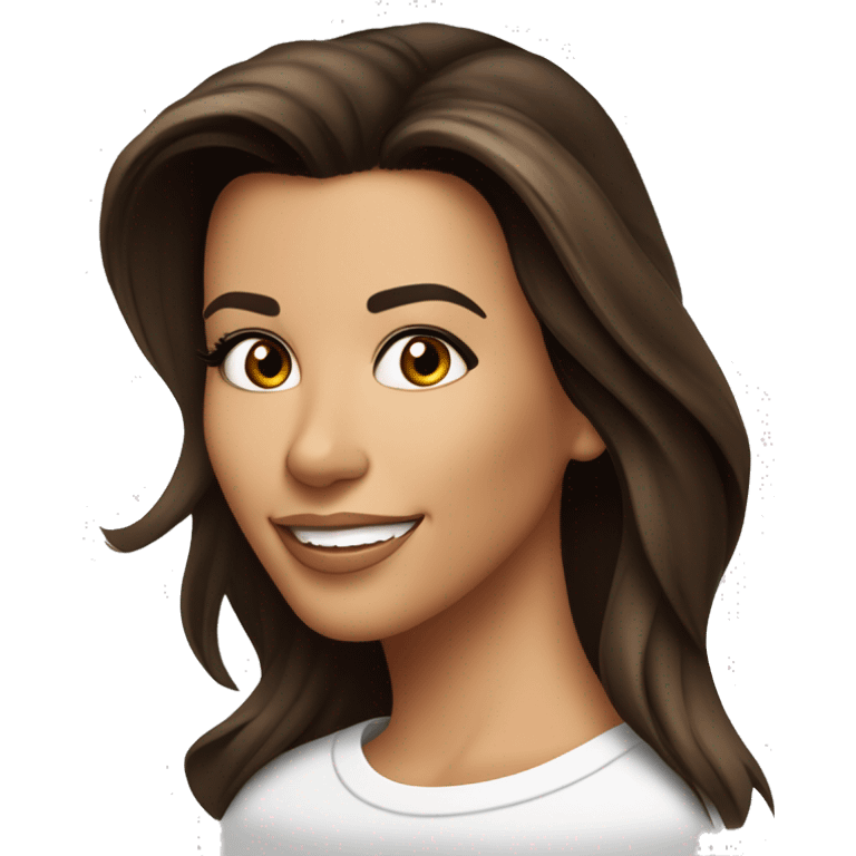 3/4 face, contrasted, shadow, light, Eva Longoria expression, happy, thin nose, brunette woman, hazel eyes, long eyelashes, dark shoulder shaded hair, white t-shirt emoji