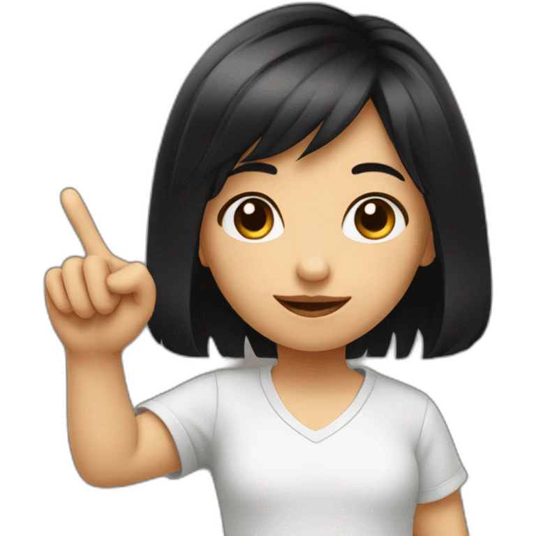 small girl with black hair showing hand with 1 finger up, pointer finger emoji