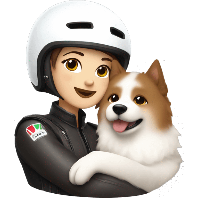 Girl biker white skin and brown short hair with a agv helmet hugging a Samoyed  emoji