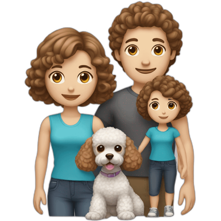 A family consisting of 1 man with light brown hair, 1 woman with dark brown hair and a toy poodle with brown hair, heads only and no kids, both humans are white emoji