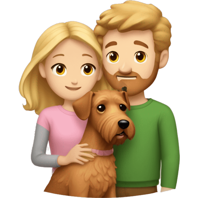 a girl with blond hair in a beige sweater and a guy with light brown hair in a pink t-shirt hug an Irish terrier emoji