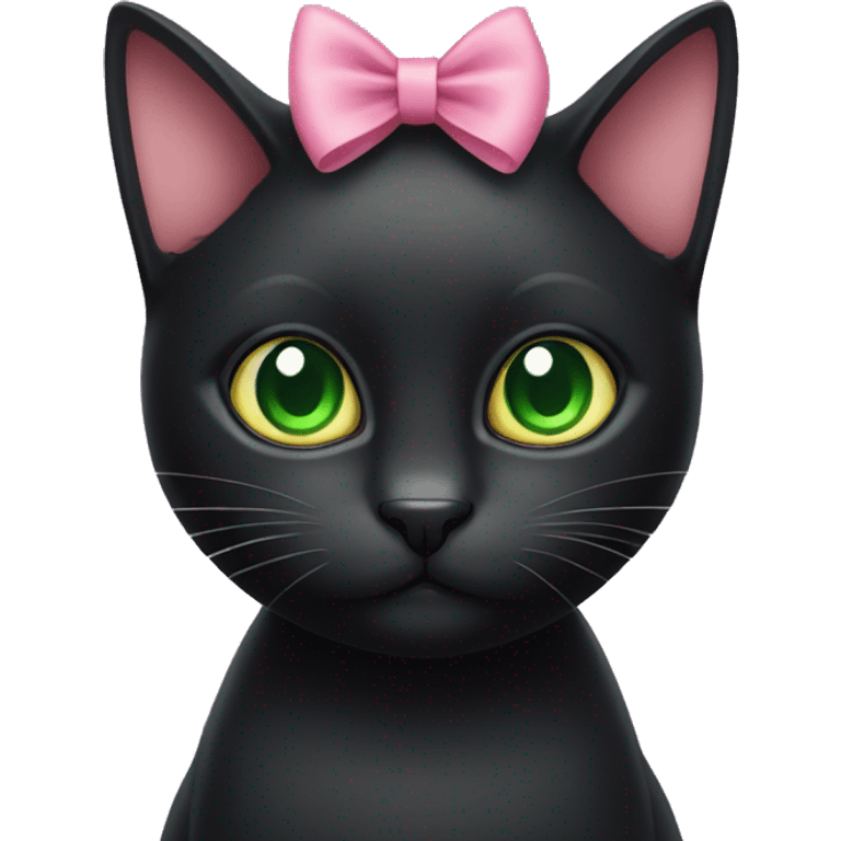 Black cat with green eyes with a pink bow around its neck  emoji