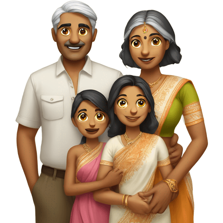 Indian uncle and Indian aunty with their two daughters and tiger cub emoji