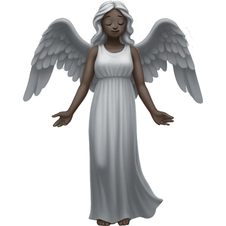 full body gray statue of angel with wings, a long dress, and gray skin. Her hands should be up and covering her eyes so they can't be seen. emoji