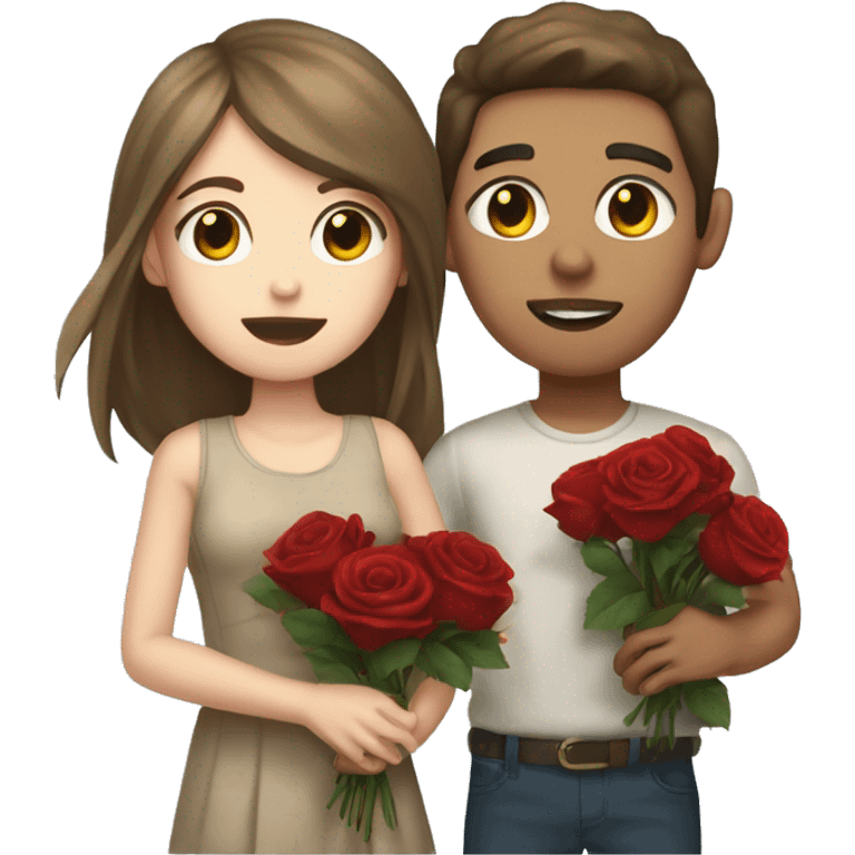 Light skin brown haired girl and a white skinned brown haired boy holding dead roses emoji