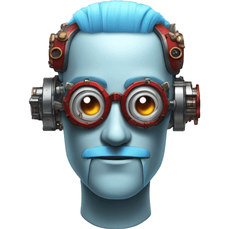  Short light blue haired male cyborg head with light blue beard, red steampunk goggles and circuits emoji