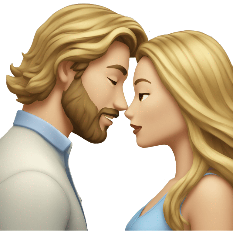 Woman-with-long-brown-waved-hair-and- blonde hair man with beard kissing  emoji