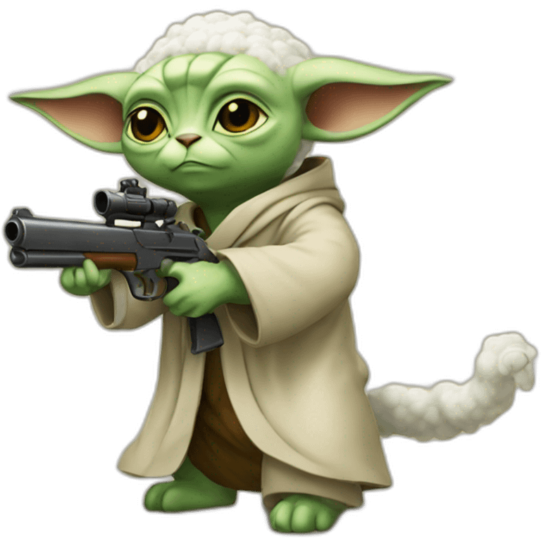 a yoda cat shooting a sheep with his gun emoji