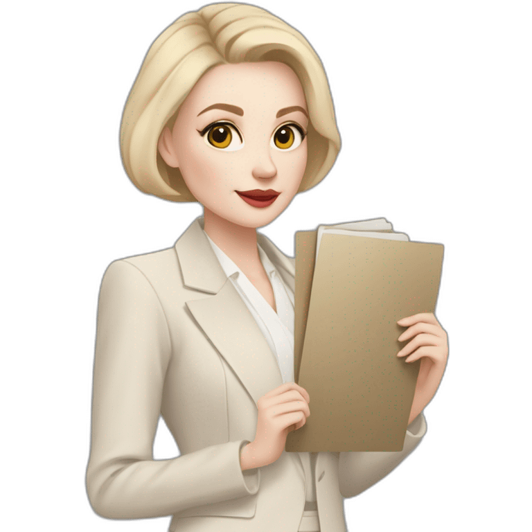 pale skin woman with ash blonde Straightened bob Hair, White Spacious classical jacket, beige palazzo Arrow pants and gray blouse holding a color palette in the hands emoji