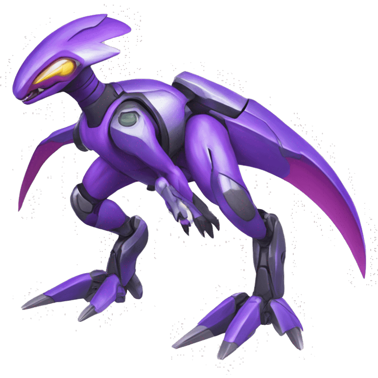 a shiny colorful Genesect-Raptor-Fakémon—hybrid with a futuristic visor-helmet full body emoji