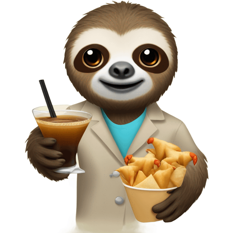 Sloth holding a crab Rangoon and espresso martini emoji